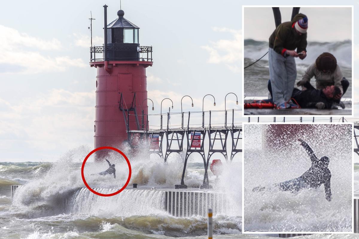 Heart-stopping photos show huge wave sweep man off Lake Michigan pier