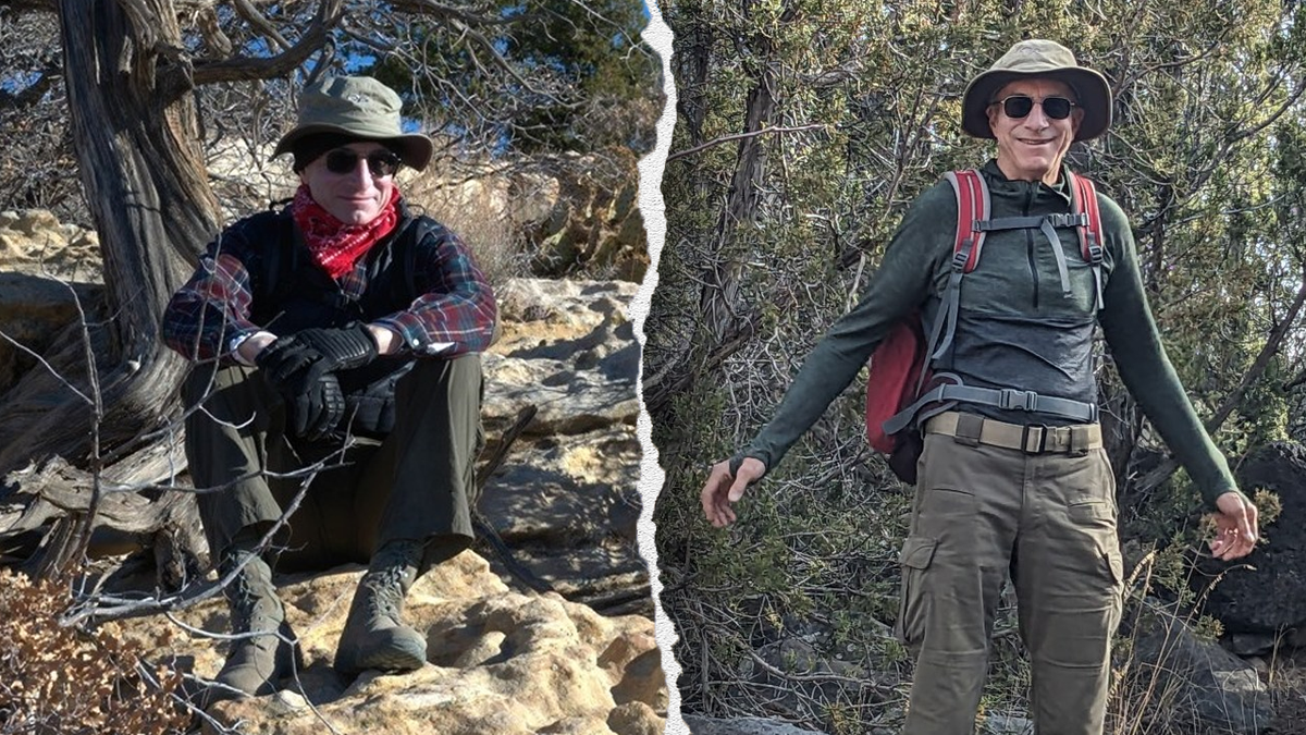 A split image showing missing retired Air Force Gen. William "Neil" McCasland in hiking gear.