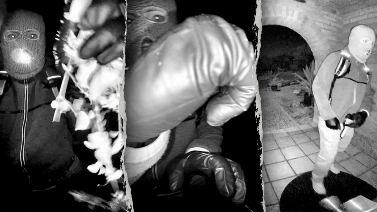 A view from a doorbell camera showing an armed individual outside the residence of Nancy Guthrie in Tucson, Arizona.