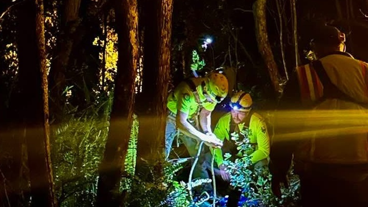Hawaii Volcanoes National Park first responders prepare for a nighttime rescue near Kīlauea after hiker fell off Byron Ledge Trail