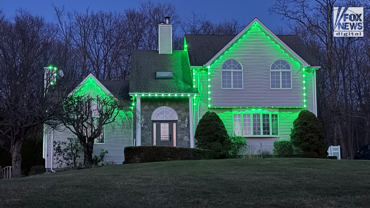 Sheridan Gorman is honored with green light bulb glowing on a porch of a residential home at night