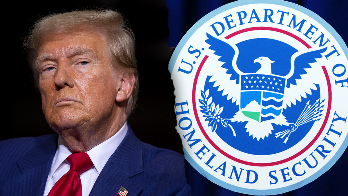 President Donald Trump and the logo for the U.S. Department of Homeland Security (DHS) are seen side-by-side in this split image.