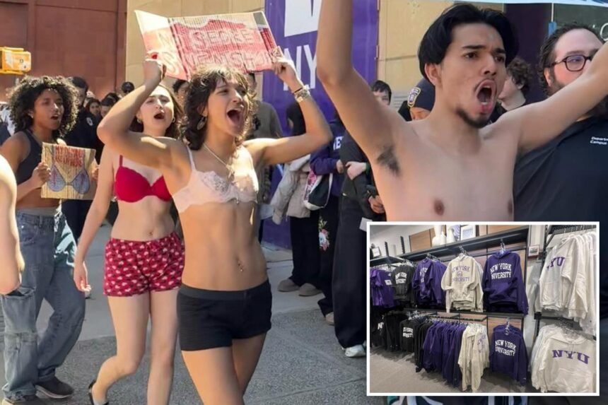 Ultra-woke NYU students strip to their skivvies to protest school merch they claim is made with sweatshop labor