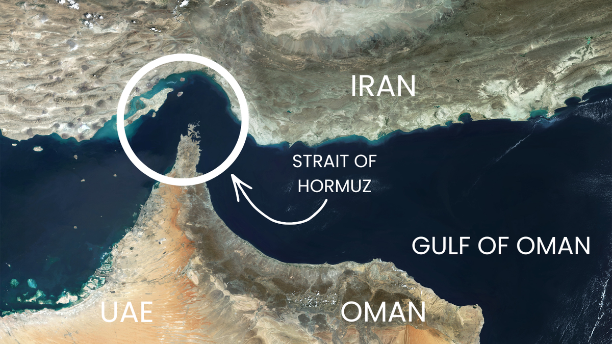 Satellite image showing the Strait of Hormuz connecting the Persian Gulf to the Gulf of Oman