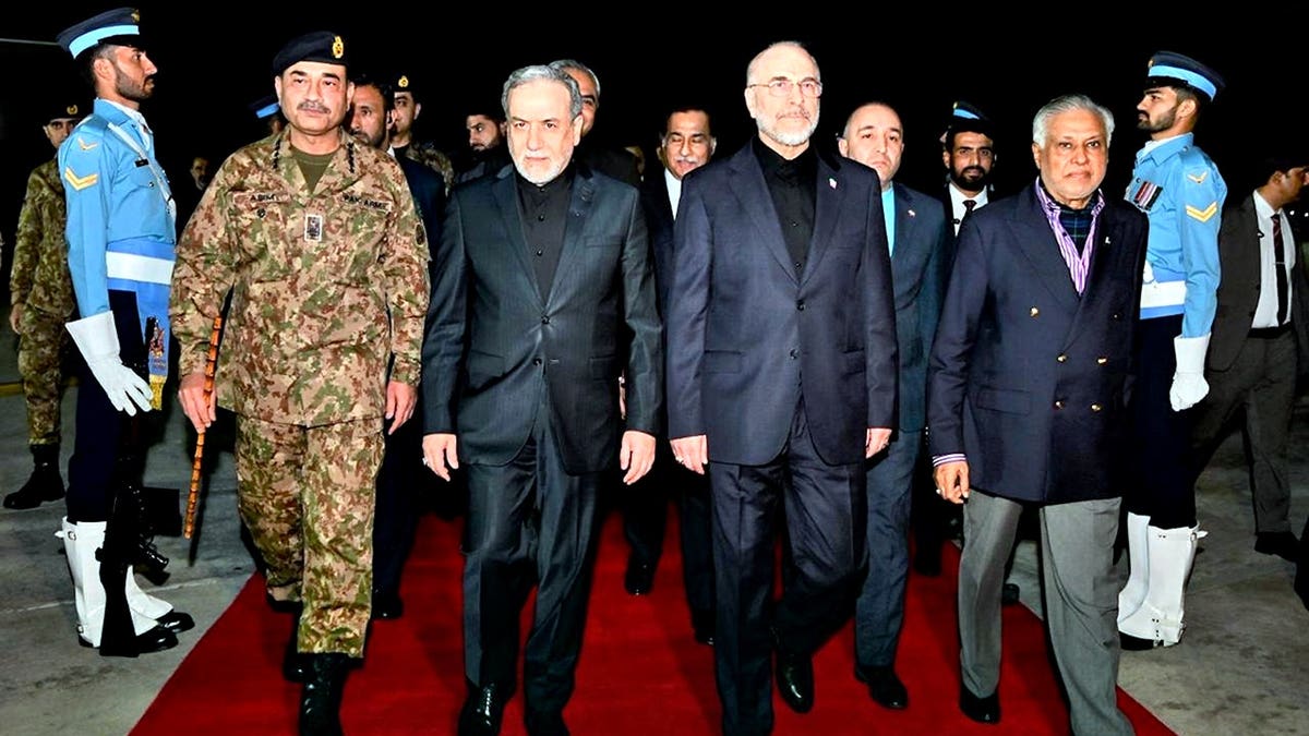 Iran's Parliament Speaker Mohammad Bagher Qalibaf and Foreign Minister Abbas Araghchi greeted by Pakistan Foreign Minister Ishaq Dar and Army Chief Field Marshal Gen. Asim Munir at Nur Khan airbase