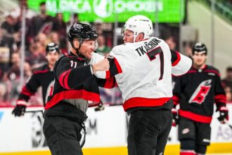 NHL playoffs start with a bang as Team USA star Brady Tkachuk drops gloves at opening faceoff