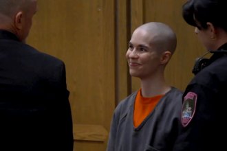 Bald-headed killer smiles as prosecutors reveal what she did before dad walked in