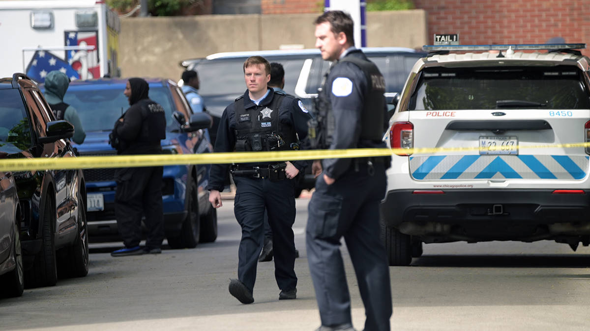 Chicago police officers standing outside a hospital in Chicago.
