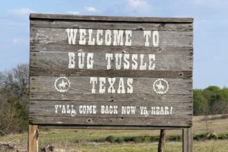 Some passing motorists can’t keep their hands off the town signs in Bug Tussle, Texas