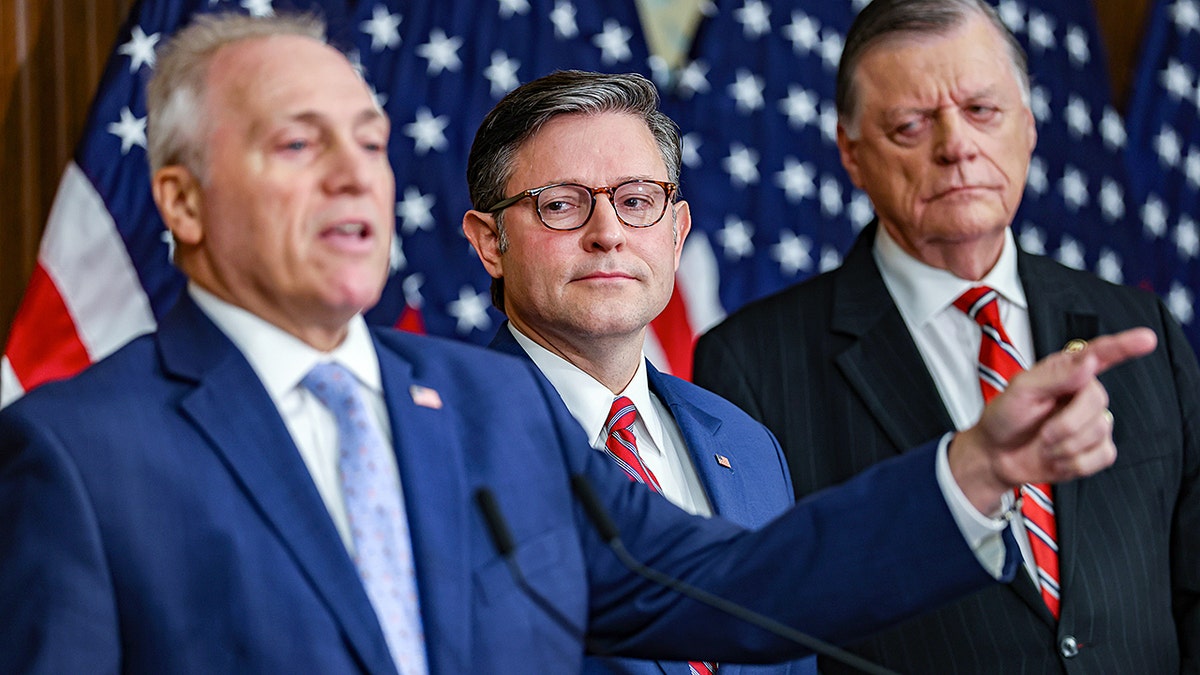 Louisiana Rep. Steve Scalise speaking at a news conference with House Speaker Mike Johnson and Oklahoma Rep. Tom Cole in Washington D.C.