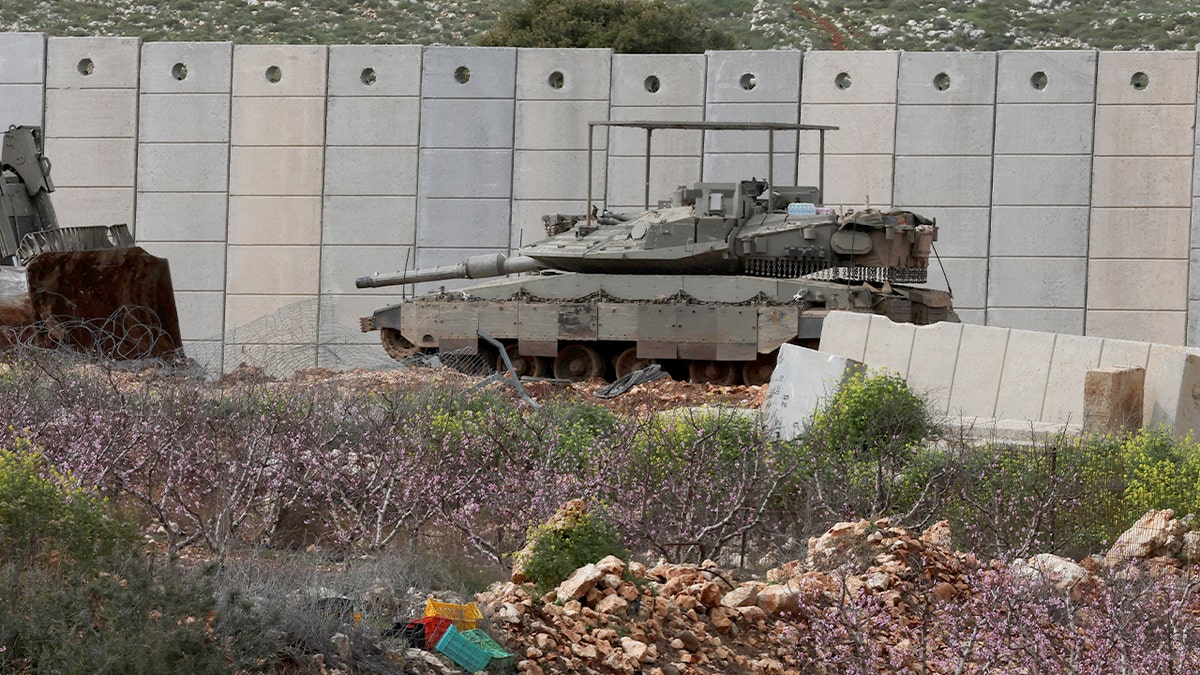 Israeli tank positioned near the Israel-Lebanon border in northern Israel