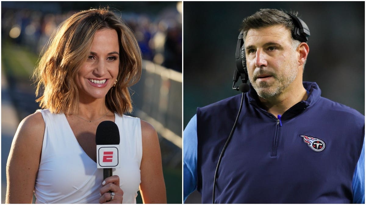 Split image of Dianna Russini on the left holding an ESPN microphone and Mike Vrabel on the right wearing a headset and Titans gear on the sideline.