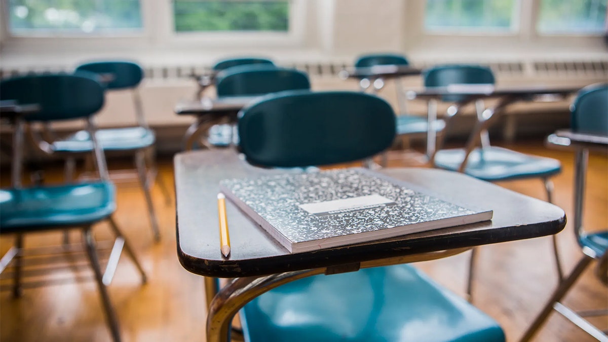 A set of desks in an empty classroom