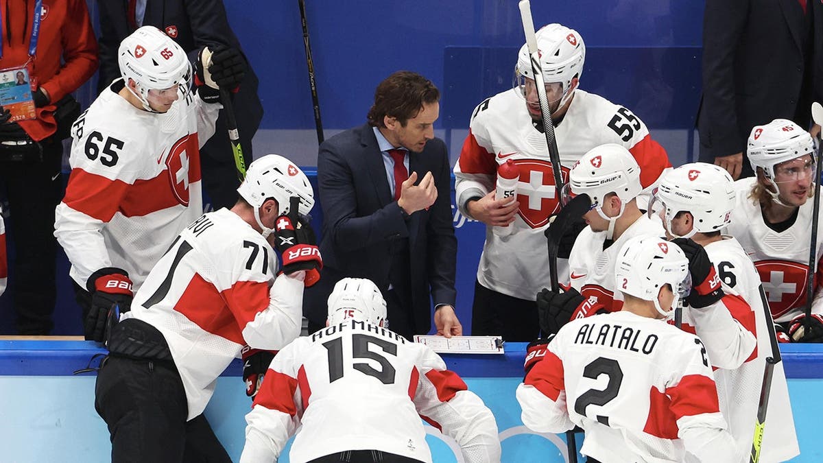 Head coach Patrick Fischer of Team Switzerland reacting during a hockey game in Beijing