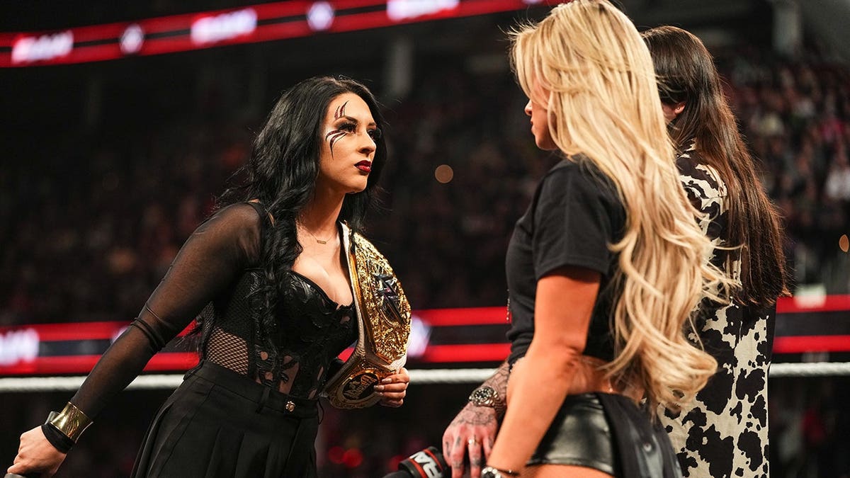 Stephanie Vaquer and Liv Morgan speaking in a wrestling ring