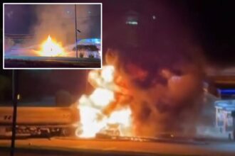 Tanker carrying 9K gallons of gas erupts in flames after hitting power lines in Texas