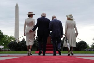 President Trump gives first lady Melania a playful tap on the tush during meeting with King Charles and Queen Camilla