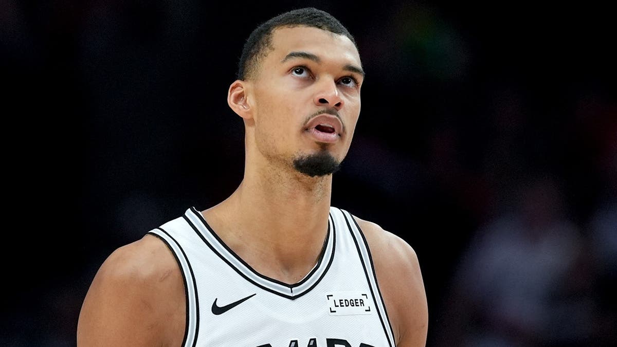 San Antonio Spurs forward Victor Wembanyama looking during NBA playoff game in Portland