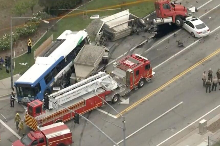 Bus, semitruck and car collide in Santa Clarita, leaving 13 injured