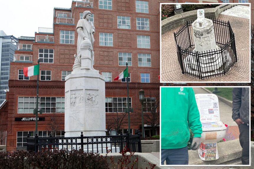 Vandals mount toilet to toppled Christopher Columbus statue as activist fumes over lack of investigation: ‘Blatant racism’