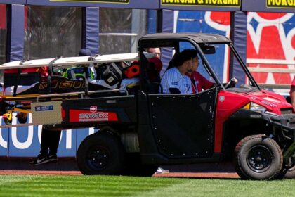 Yankees’ Jasson Dominguez carted off field in tears after crashing into outfield wall after stunning catch