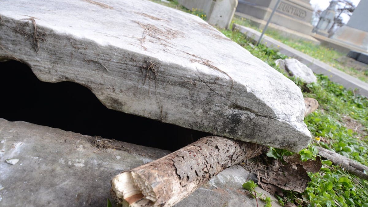 A close-up of an open crypt at Mt. Moriah Cemetery.