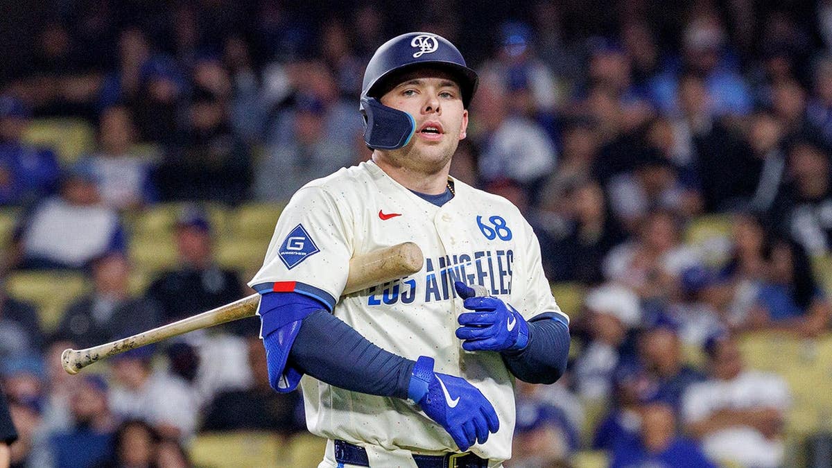 Los Angeles Dodgers catcher Dalton Rushing walking back to dugout after striking out at Dodger Stadium
