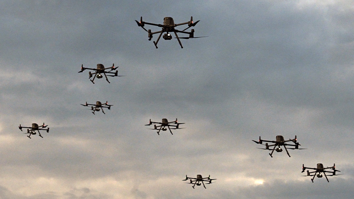 Drones flying in the sky during activation of unmanned aircraft battalion in Tolemaida Colombia