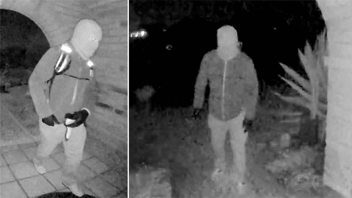 Two images showing a masked man wearing gloves on Nancy Guthrie's porch