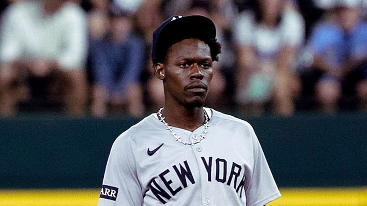 Jazz Chisholm Jr. looking on during a baseball game at Globe Life Field