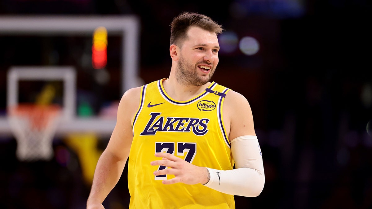 Luka Doncic of the Los Angeles Lakers looking on during a basketball game.