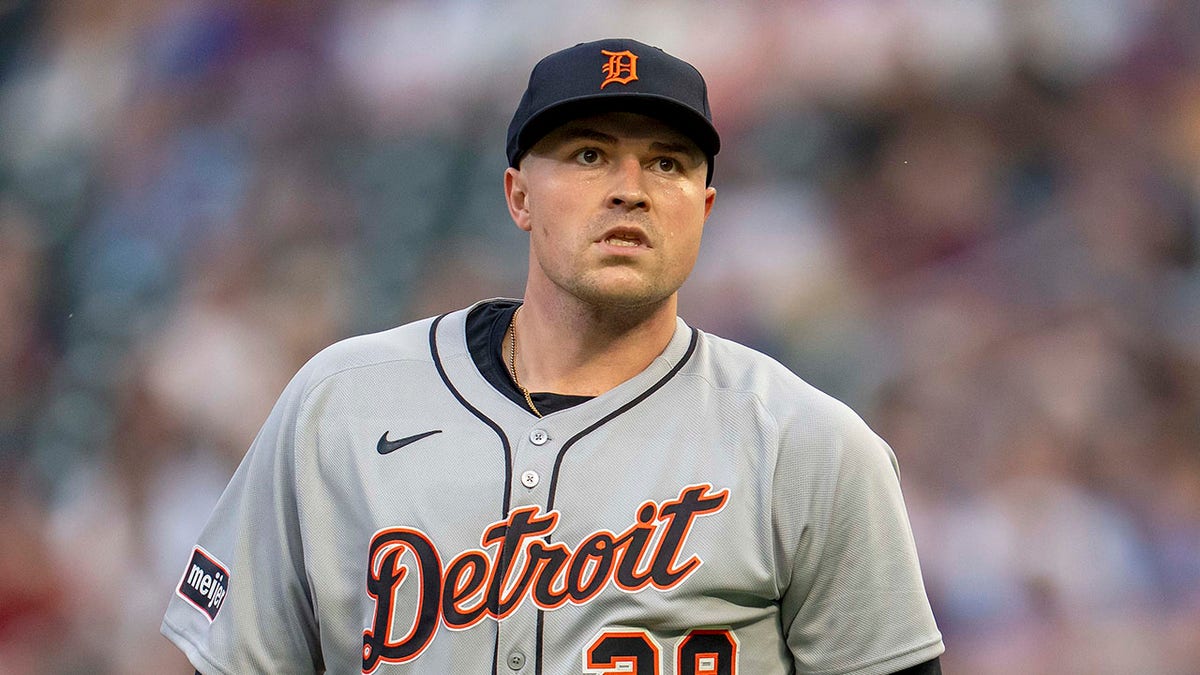 Detroit Tigers pitcher Tarik Skubal reacting during a game at Target Field in Minneapolis