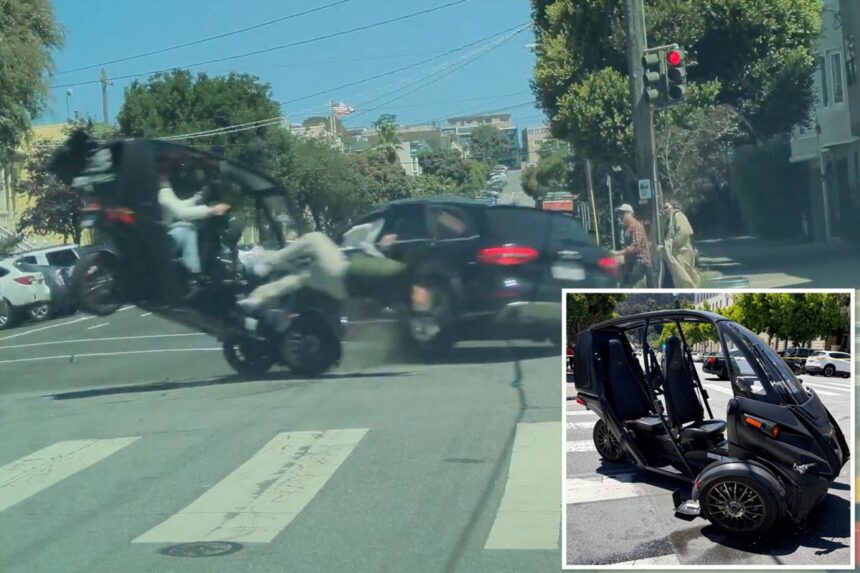 Graphic footage shows driver flung from three-wheeler after smashing into Audi at San Francisco intersection