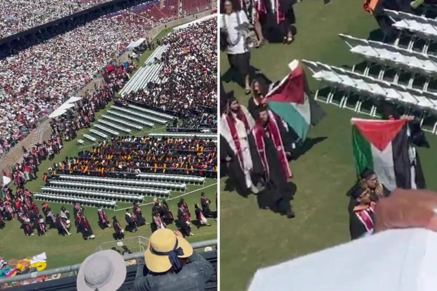 Mass protest at Stanford University graduation as soon as Google CEO Sundar Pichai takes the stage