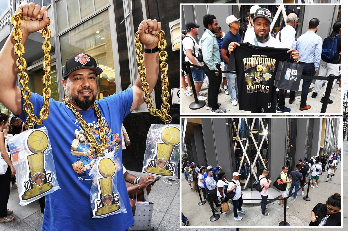 Knicks fans wait hours, line up for blocks to buy champ gear  as merch madness takes NYC