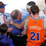 Knicks guard nearly wipes out Michael Bloomberg diving for loose ball during NBA Finals Game 3