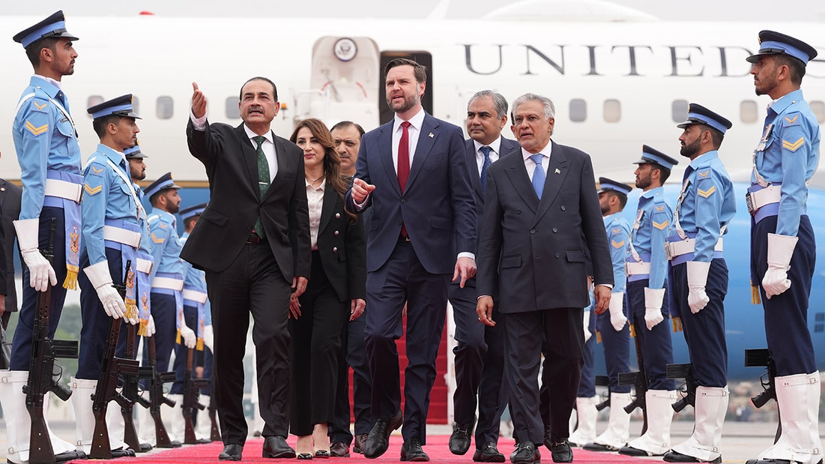U.S. Vice President JD Vance walking with Pakistan's Chief of Defence Forces Asim Munir and Deputy Prime Minister Mohammad Ishaq Dar in Islamabad.