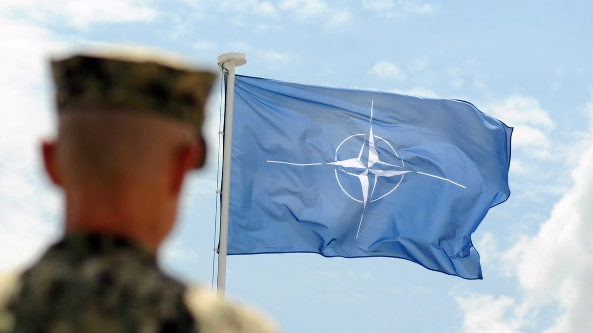 A soldier standing next to a NATO flag during a ceremony in Pristina