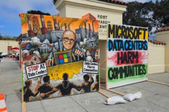As Microsoft Takes the Stage, Protesters Take to the Street