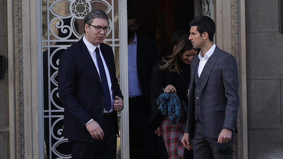 BELGRADE, SERBIA - FEBRUARY 03: Aleksandar Vučić (L) President of Serbia talks with tennis player Novak Djokovic (R) of Serbia after their meeting on February 3, 2022 in Belgrade, Serbia.