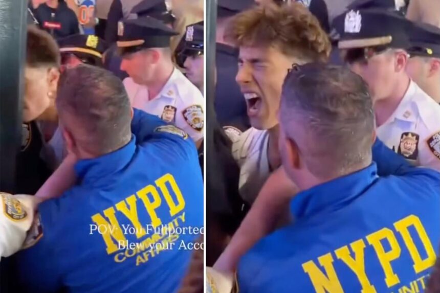 NYPD cop appears to slam Knicks fan’s head into pole during arrest at Madison Square Garden watch party: video