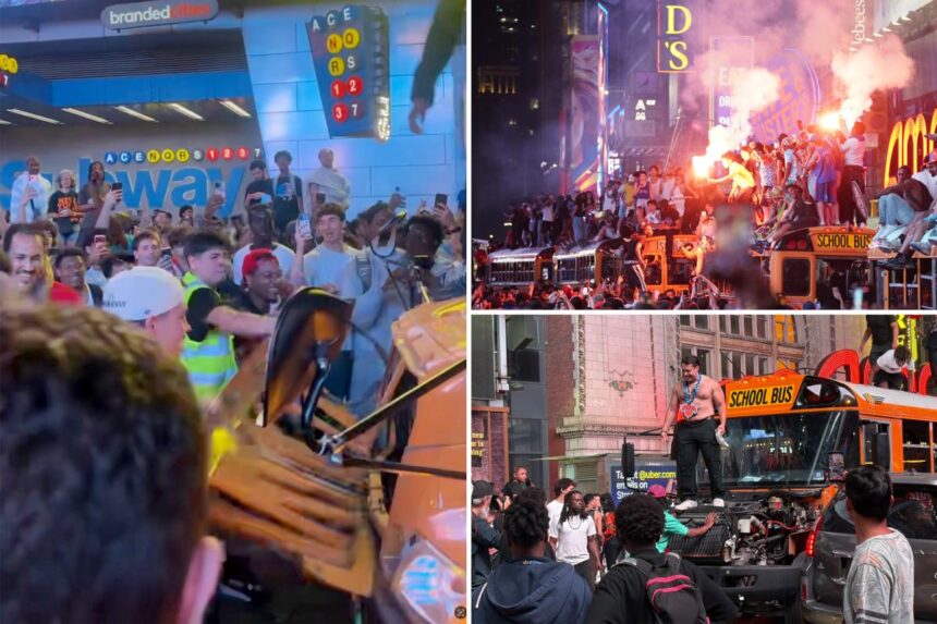 Knicks fans set school bus on fire in Times Square madness: ‘I’m scared for my homies!’
