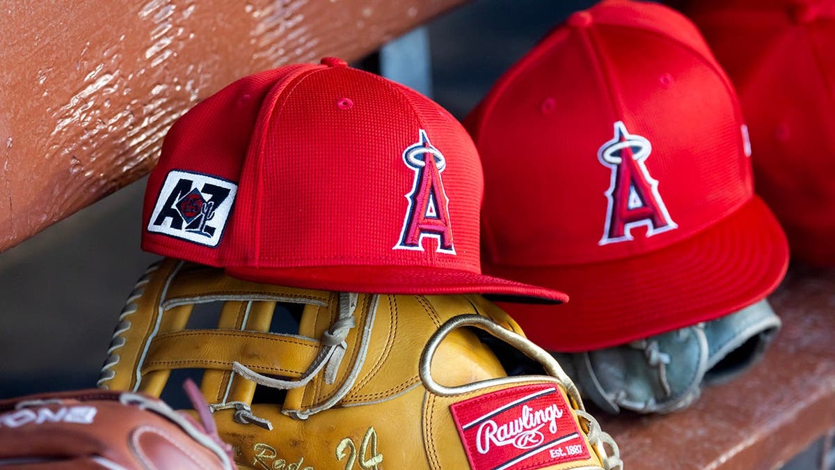 Los Angeles Angels logo on a hat in the dugout at Camelback Ranch-Glendale.
