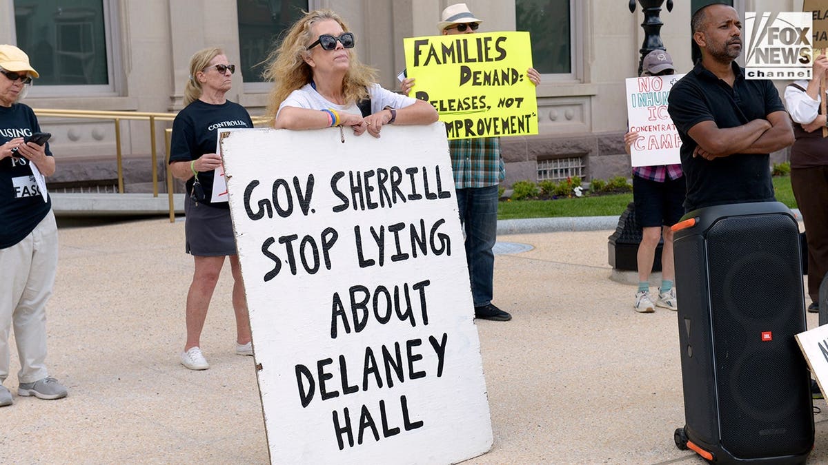Protestors outside Mikie Sherrill's office at State House in Trenton