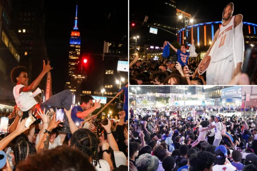 Knicks fans go bonkers in NYC after Game 2 Finals win, celebrate in streets outside MSG: ‘Go New York!’