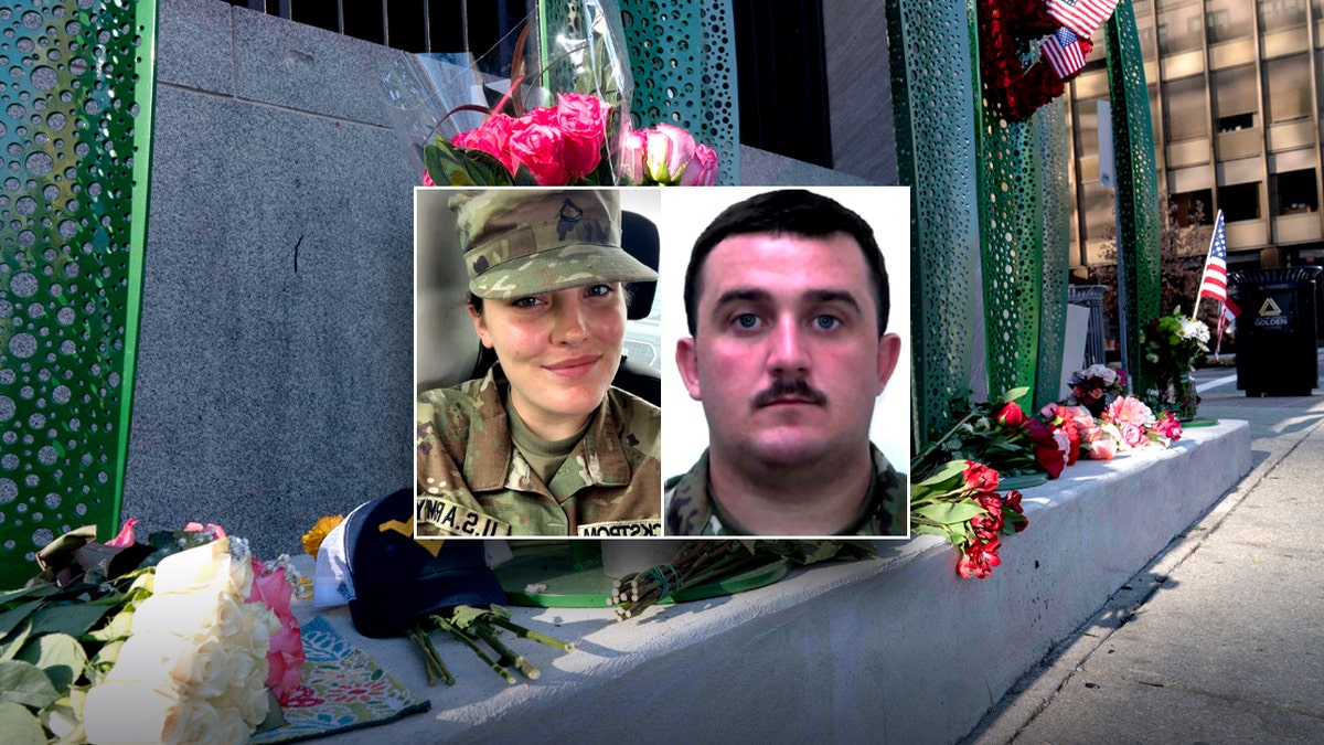 Photos of Sarah Beckstrom and Andrew Wolfe above a memorial with flowers and American flags outside Farragut West Station