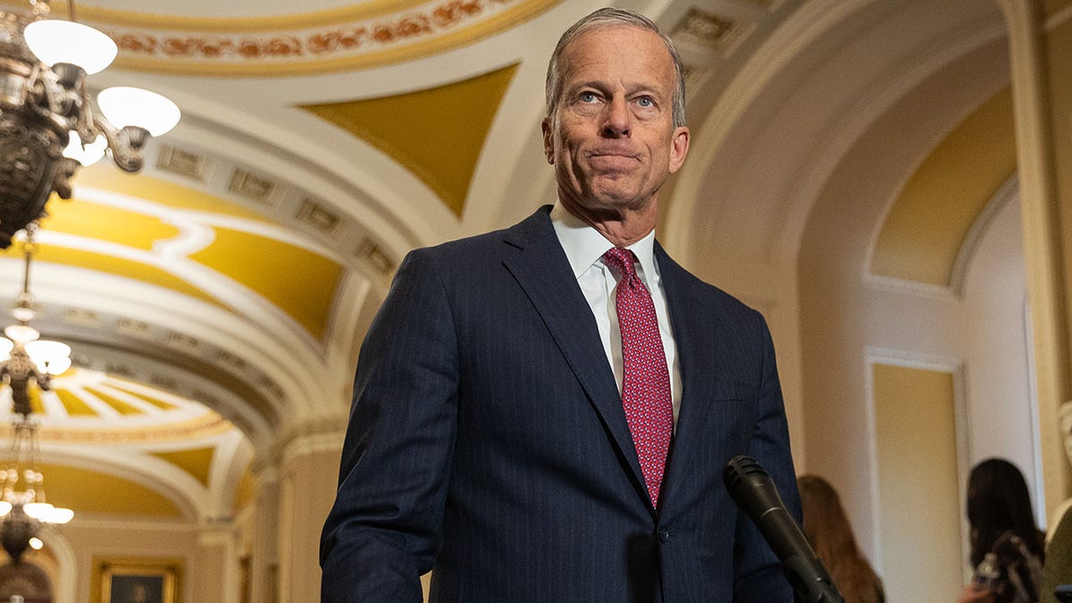 Senate Majority Leader John Thune speaking at a press conference with Senate Republican leaders at the U.S. Capitol