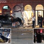 Wild video shows two cars almost hit pedestrian as smash into Brooklyn building in suspected road rage clash