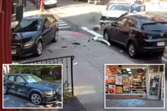 Video captures insane moment Mercedes driver nearly hits cop, sends Audi flying into deli in trendy NYC nabe