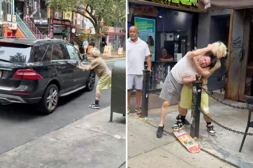 Wild videos shows skateboarder and Mercedes driver brawl over prime NYC parking spot: police